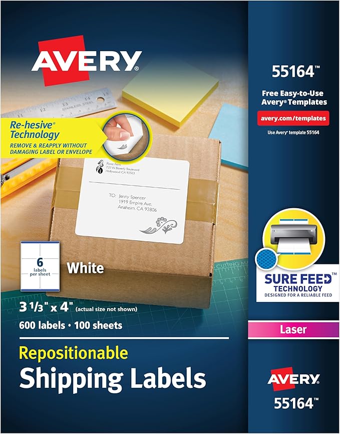 Avery Repositionable Printable Shipping Labels with Sure Feed, 3-1/3" x 4", White, 600 Blank Mailing Labels (58164)