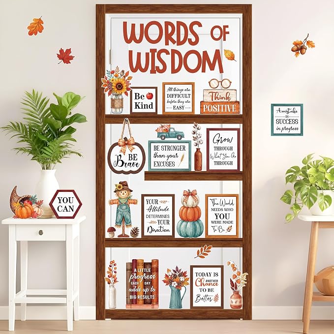 Mooliwe 57 Pcs Autumn Leaves Bulletin Board Set Fall Harvest Inspirational Classroom Decoration Cutout for School Office Chalkboard Door Wall Decor