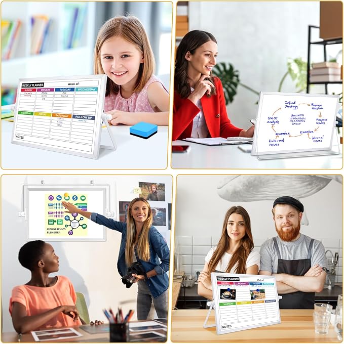 Weekly Calendar Whiteboard, Small Desk White Board, Dry Erase Board | 16" x 12" Weekly Planner Dry Erase Board with Stand, Desktop Small White Dry Erase Board for Home, School, Office