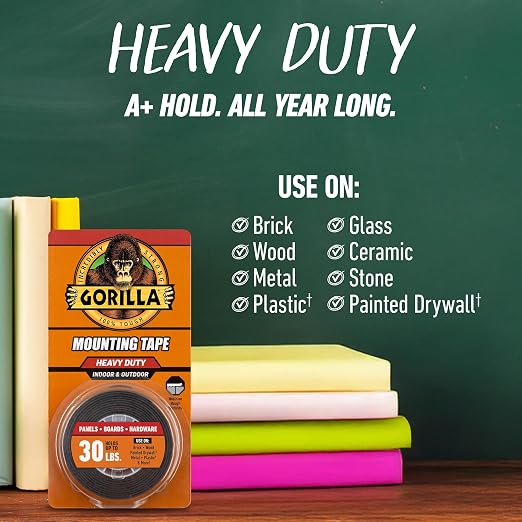 GORILLA Heavy Duty Double Sided Mounting Tape, 1" x 120" (Pack of 4) Holds up to 30lbs, Industrial Strength Adhesive for Homework Stations, Classroom Setup & Student Projects, Indoor & Outdoor