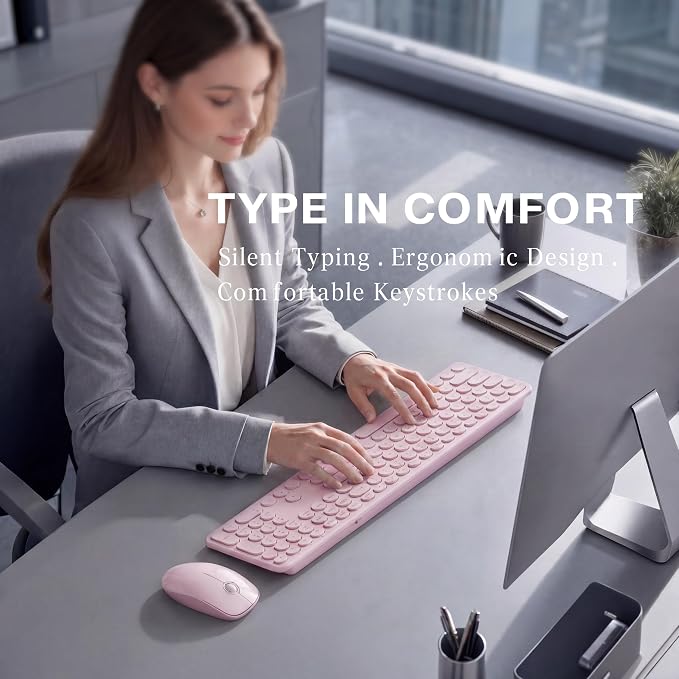 MPTOG Wireless Keyboard and Mouse Combo (Pink) | Retro Round Typewriter Keys, 2.4G Silent Connection, Ergonomic Aesthetic Desk Set for Home Office, Laptop, PC, Mac