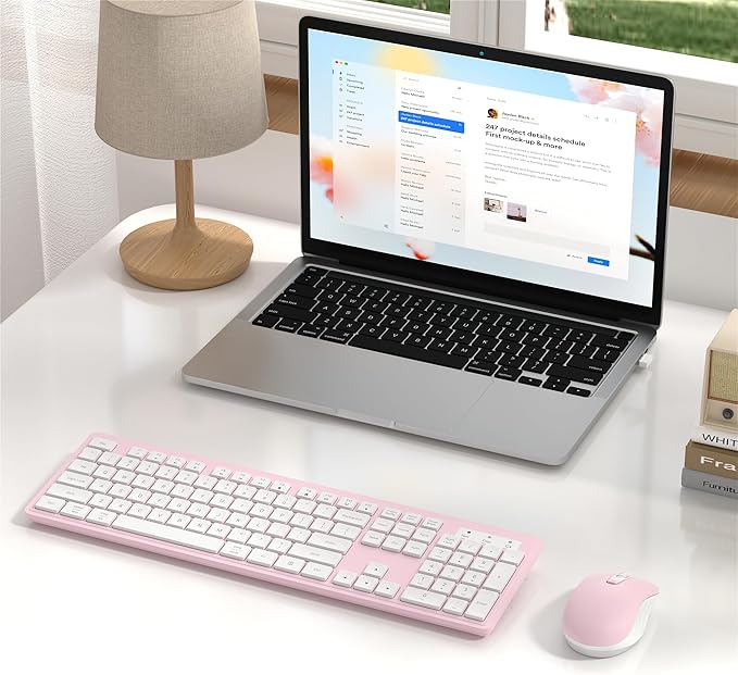 Wireless Keyboard and Mouse Combo, Full-Size 104-Key Office Keyboard with 15 Function Keys, Numeric Keypad, Single USB Receiver, Compatible with PC and Laptop(Pink White)