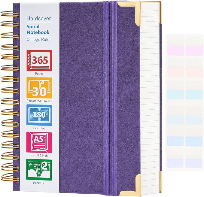 Spiral Notebook, 365 Page Hardcover Leather Notebook Journal, Large A5 Lined Journal for Women Men, College Ruled Notebooks for Work School, Journals for Writing, 24pcs Index Tabs, 5.5" x 8.5", Purple