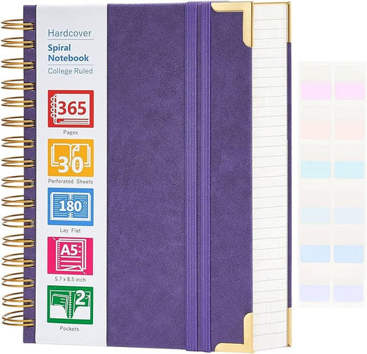 Spiral Notebook, 365 Page Hardcover Leather Notebook Journal, Large A5 Lined Journal for Women Men, College Ruled Notebooks for Work School, Journals for Writing, 24pcs Index Tabs, 5.5" x 8.5", Purple