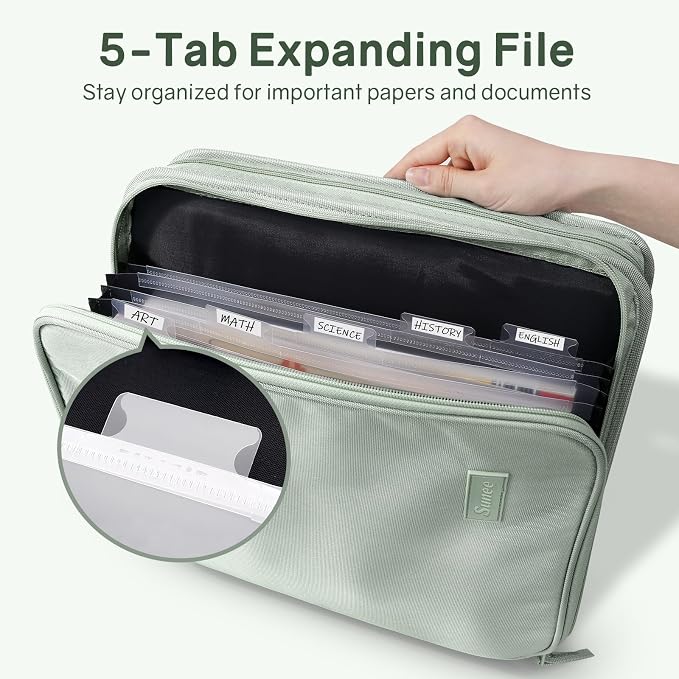 SUNEE Zippered Binder Bag with Handle, 2-Inch 3-Ring O-Ring, 500-Sheet Capacity, Includes Zip Pocket, 5-Tab Expanding File Folder, Multi-Pocket Organizer Binder for Middle School, Sage Green