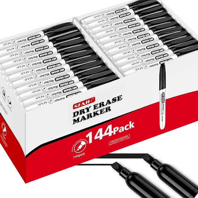 SFAIH Dry Erase Markers, Chisel Tip Bulk Pack of 144, Black Ink. Ideal for Office, Meetings & Team Use, Featuring Versatile Lines and Quick-Dry Formula