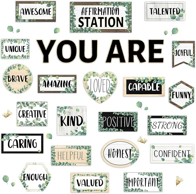 Eucalyptus Affirmation Station Bulletin Board Classroom Decorations Set Boho Greenery Growth Mindset Inspirational Bulletin Board Poster Positive Affirmations Accents Cutout for Teachers Wall Mirror