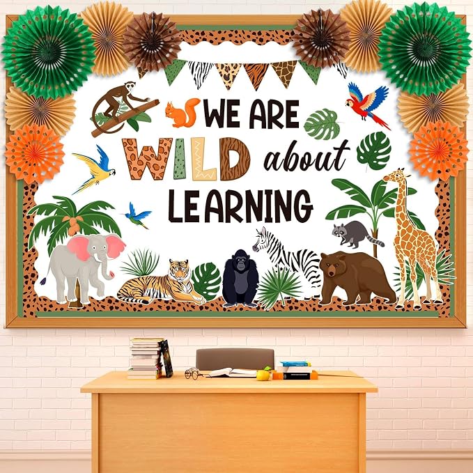 70 Pcs Jungle Bulletin Board Decorations with Paper Fans 3D Safari Animal Classroom Bulletin Board We are Wild About Learning Educational Cutouts for Back to School Office Wall Decor Supplies