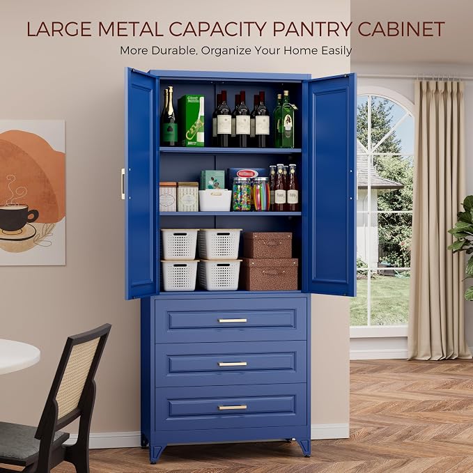 75" Tall Kitchen Pantry Cabinet, Storage Cabinet with 3 Drawers | Metal Kitchen Cabinet with Doors & 2 Adjustable Shelves, Tall Food Pantry, Cupboard for Kitchen, Dining Room, Garage, Office