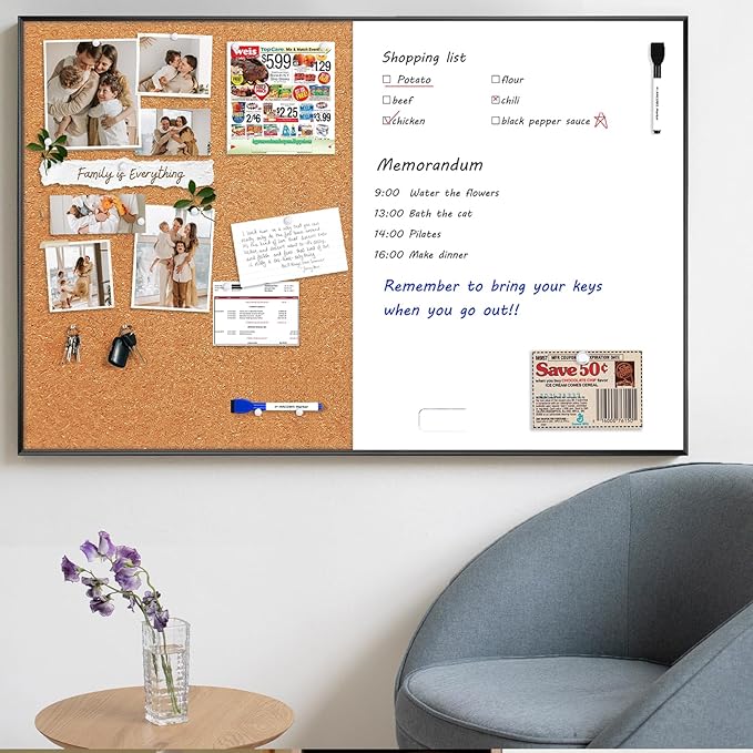 ARCOBIS Cork Board White Board Combo, 36 x 24 Inch Bulletin Board, Magnetic Dry Erase Board & Corkboard for Wall, Vision Board for Home, Office, School, Black Frame