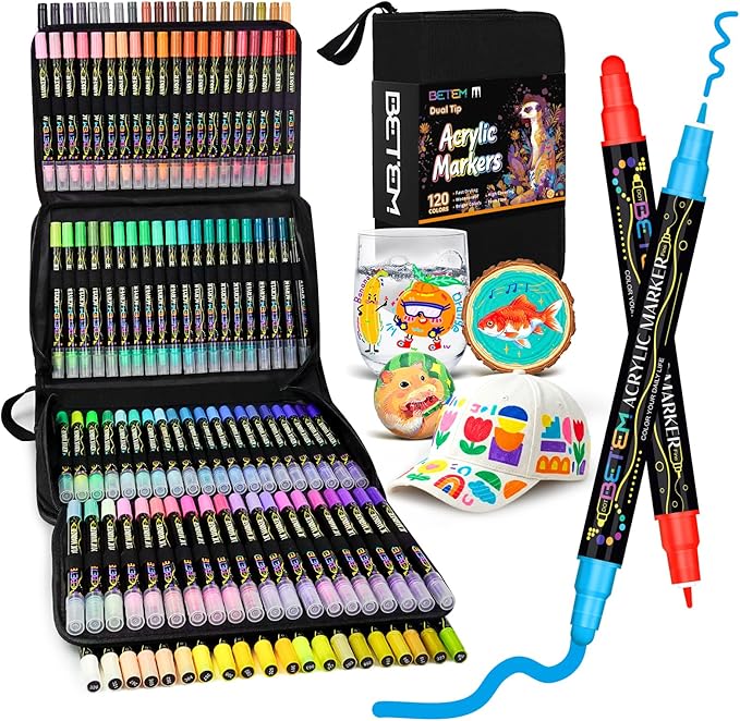 Betem Acrylic Paint Markers Pens, Dual Tip 120 Colors Fabric Decorating Kits Paint Pens Acrylic Markers for Wood, Fabric, Canvas, Stone, Rock Painting, Glass, Ceramic Surfaces, Art Supplies with Bag