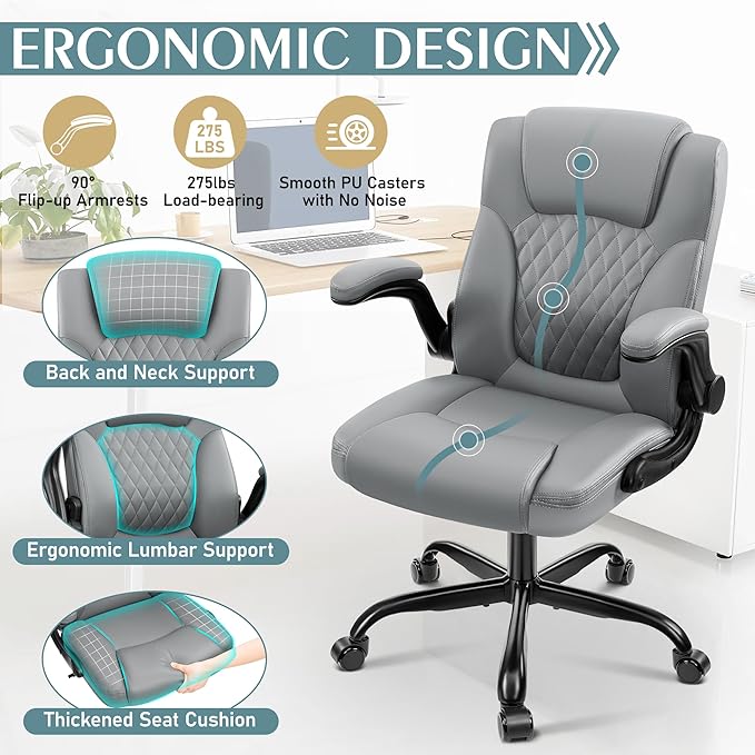Leather Office Chair, PU Home Computer Desk Chairs with Ergonomic Back Support, 360°Swivel Free，Small Gaming Chair with Wheels and Adjustable Armrests, for Short People Use
