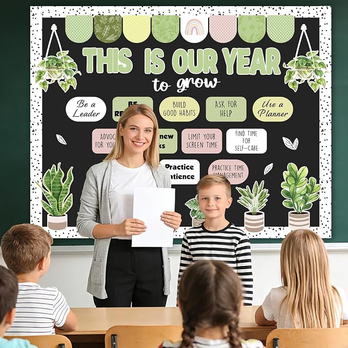 55Pcs This is Our Year to Grow Bulletin Board Decorations, Boho Classroom Decor Greenery Plant Inspirational Cutouts Welcome Back to School Bulletin Board for Teacher Supplies Office Door Wall Decor