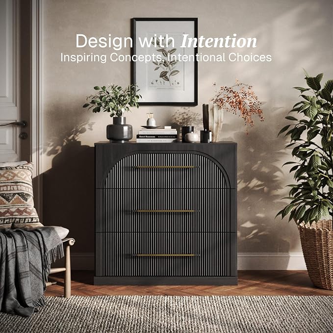 BELLEZE Bookcase with 3 Drawers, Modern Book Shelf with Metal Handle, Wood Bookshelves for Living Room Office Entryway (Ebony)