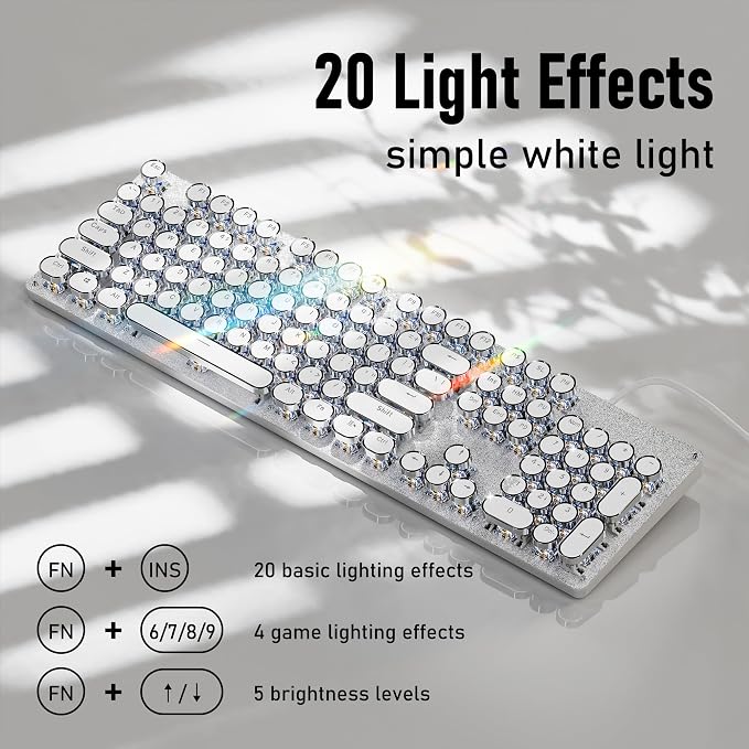 Wired Typewriter Style Mechanical Gaming Keyboard with White Backlit-White | Retro Punk Round Keycaps, Metal Panel, Clicky Blue Switch, 104 Keys Full Size Desk Setup for Windows PC, Mac, Desktop, Laptop