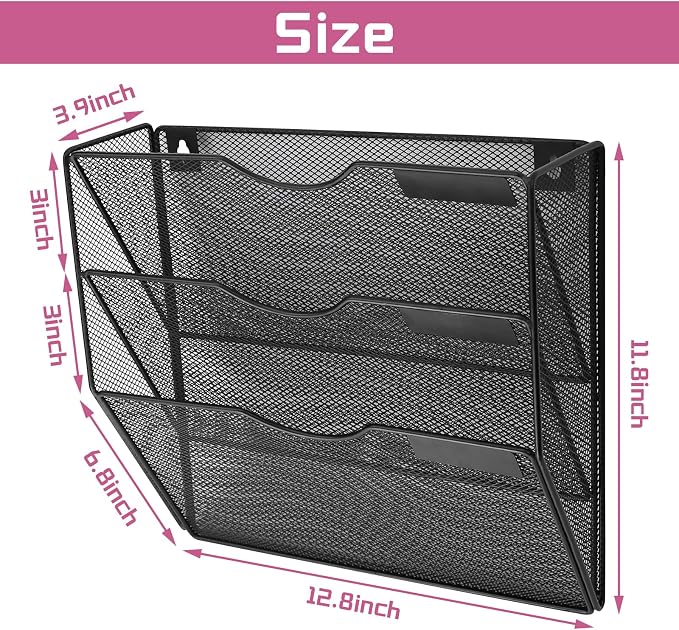 3 Pockets Mesh Wall File Holder Organizer Office Hanging File Folder Magazine Rack, Nametag Label Hooks Set Included (Black)