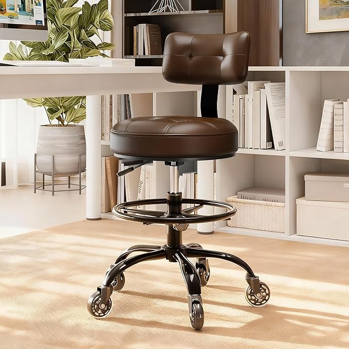 Office Drafting Chair with Footrest, Tall Height Adjustable Stool with Back Support, Heavy Duty Rolling Stool Chair with Wheels for Office Home Kitchen Bar Shop Guitar Studio Medical Vanity(Brown)