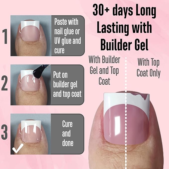 NOVO OVO Press on Toenails, Toe Nail Press ons for Women, White French Tip Sharp Square Pre-Designed Soft Gel Thick False Toenail Extension, BABY PINK Full Cover Acrylic for DIY x 15 Sizes 150 pcs