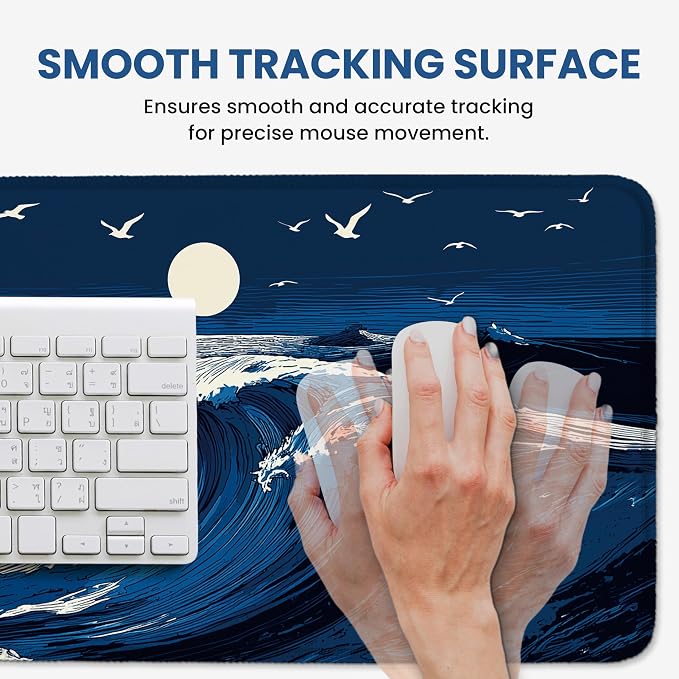 Aesthetic Desk Mat, Cute Moonlit Waves Desk Pad Protector for Work & Decor, 35.4" x 15.7", Pretty Non-Slip Extended Mouse Pad for Office or Home