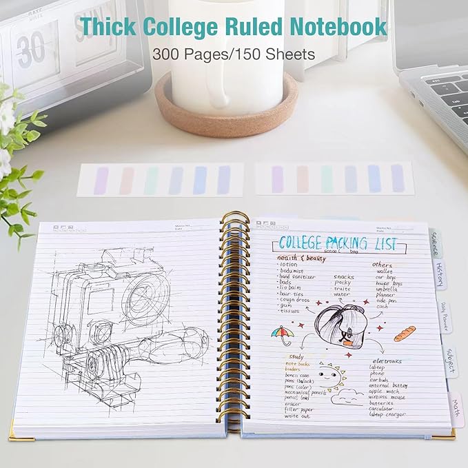 Spiral Notebook, College Ruled Notebook, 8.5" x 11", 300 Pages Leather Journals for Writing, A4 Hardcover Journaling Notebooks for Work School, 24pcs Tabs, Large Embossed Journal for Women Men, Pink