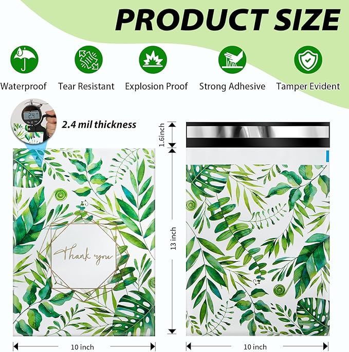 Oududianzi Poly Mailers 10x13, 100 Pack Thank You Shipping Bags, Mailing bags, Mailers Poly Bags for shipping, Shipping Envelopes, Packaging Bags for Shipping - Green leaf