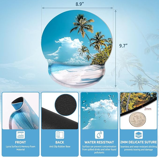 Ergonomic Mouse Pad with Wrist Rest, Small Mousepad with Non-Slip Rubber Base and Smooth Surface, Beach Mouse Pads for Desk, Office Desk Accessories