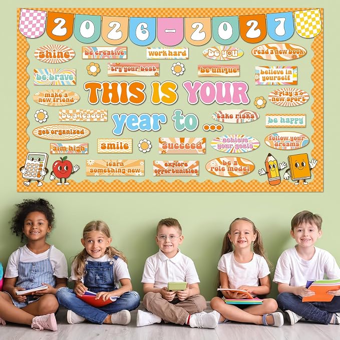 This is Your Year to Bulletin Board Set Hippie Motivational Classroom Decorations Welcome Back to School Paper Cutouts Hippie Inspirational Bulletin Board Border for Office Chalkboard Wall Door Decor