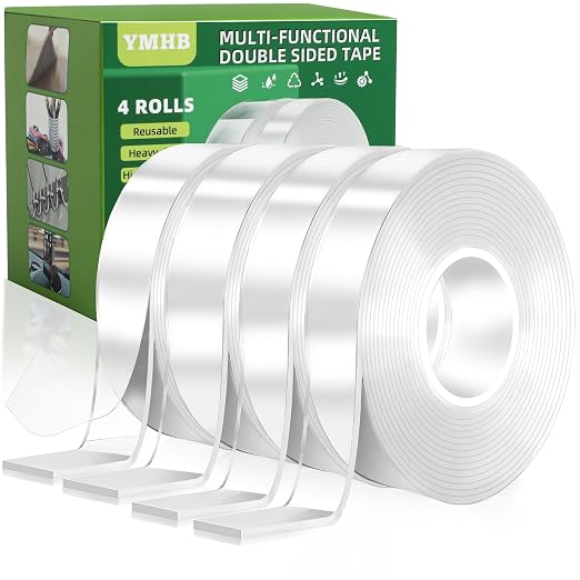 4 Rolls Double Sided Tape Heavy Duty, Nano Tape Double Sided Mounting Tape | Removable Transparent Adhesive Tape, Clear Two Sided Poster Wall Tape Strips for Home Office(4 Rolls, Total 39.2FT)