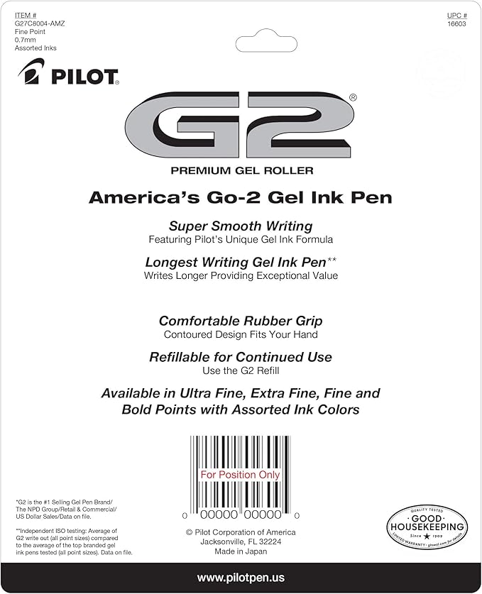 Pilot G2 Premium Refillable And Retractable Gel Ink Pens, Fine Point (0.7mm), 7 Colors, 8 Count (16603)