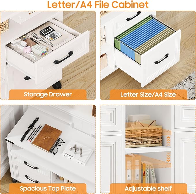 Halitaa Farmhouse Filing Cabinet with Adjustable Shelf & Wheels, White | Lateral File Cabinets, Office Storage Cabinet with 4 Drawers, Open Storage Space, for Hanging Files A4/Letter for Home Office