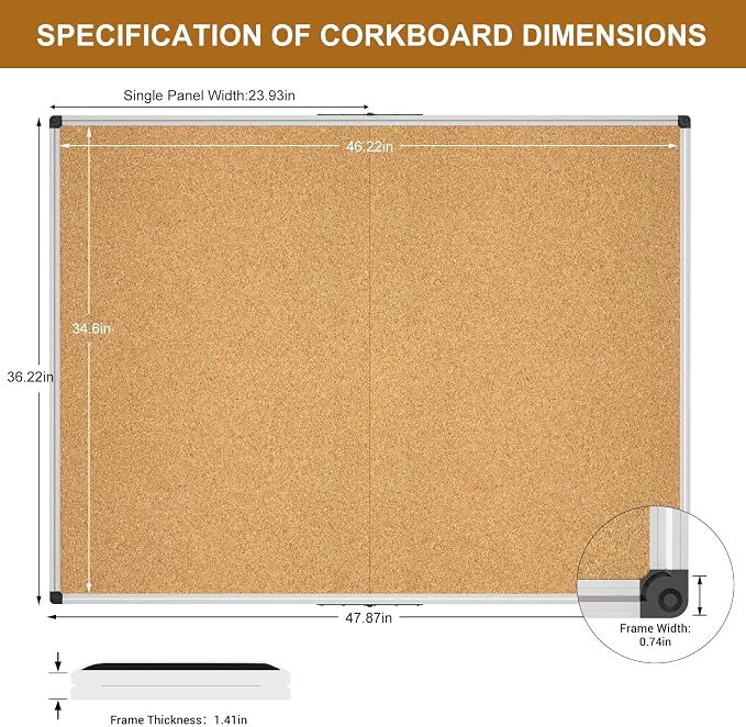Cork Board 48 X 36, Foldable Bulletin Board with Silver Aluminium Frame,Large Cork Boards for Walls, Cork Bulletin Board for School, Home & Office