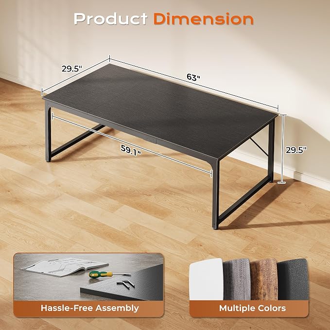 63 X 29.5 Inch Computer Desk with Deeper Desktop, Gaming Office Writing Work Desk for Home Office, Study, Bedroom, Work from Home, Metal Frame, Black