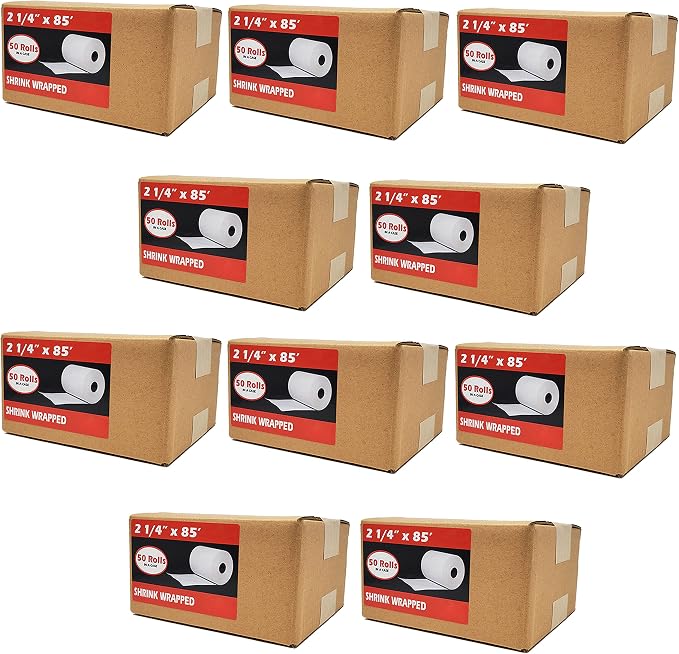 (500 Rolls) 2 1/4 x 85 Thermal Paper Receipt Rolls 2.25 x 85 ft, 55 GSM Premium Quality German Paper Fits All Credit Card Terminals Verifone VX510 VX570 FD50 BPA Free from BuyRegisterRolls