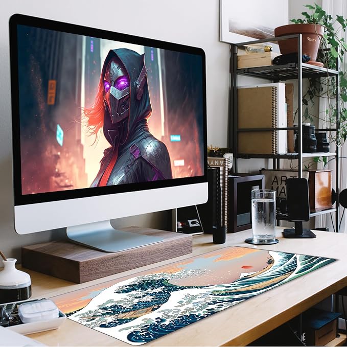 Japanese Large Gaming Mouse Pad with Extended Stitched Edges, (31.5X15.7In) Durable Non-Slip Natural Rubber Base, Waterproof Computer Pad for Esports Pros/Gamer/Office/Home, Sunset Sea