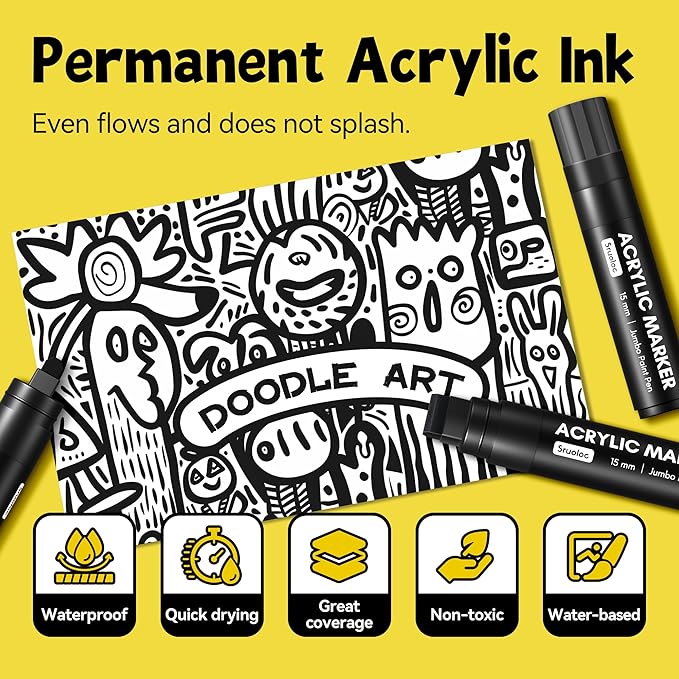 3 Jumbo Permanent Markers Black, 15mm Thick Wide Tip, Large Acrylic Paint Markers for Rock Painting, Poster, Stone, Ceramic, Glass, Wood, Canvas