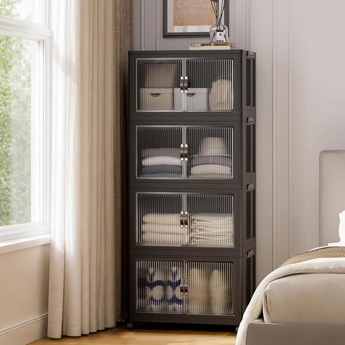 SAILUN 140Qt Stackable Storage Bins,Storage Cabinet with a Lid,4 Pack Black | Stackable Storage Drawers with Lids,18" W x 11" D x 41" H,Featuring open-front Access for Clothes and Closet Storage
