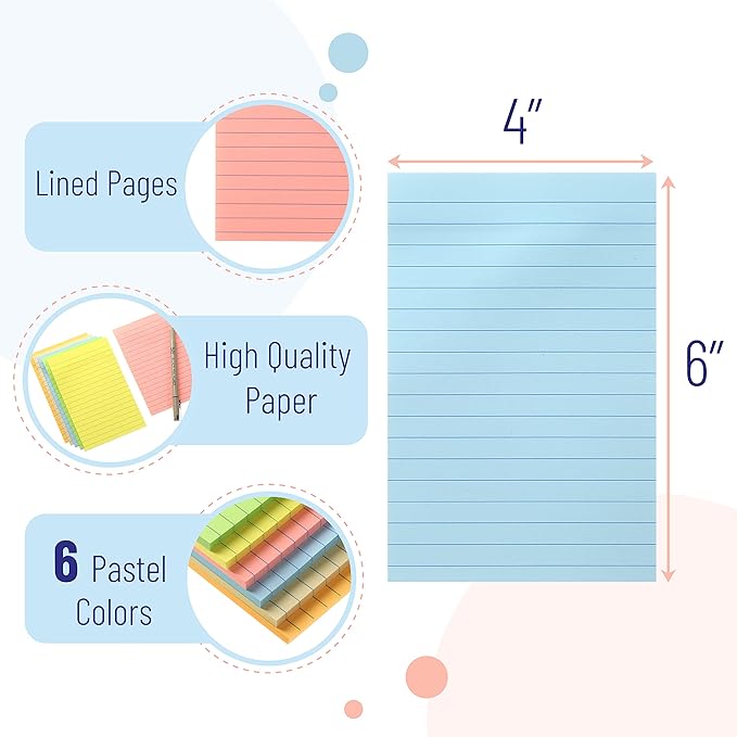 Mr. Pen- Lined Sticky Notes 4x6, 6 Pads, 45 Sheets/Pad, Pastel Color, Sticky Notes with Lines, Ruled Post Stickies, Stocky Notes for Bible Journaling