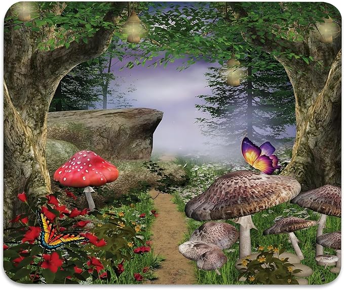 Mushroom Mouse Pad, Enchanted Nature Pathway Butterfly Landscape Desk Mat | Cute Mousepad Stitched, Anti-Slip Base Smooth Surface, 9.5 x 7.9 Inches