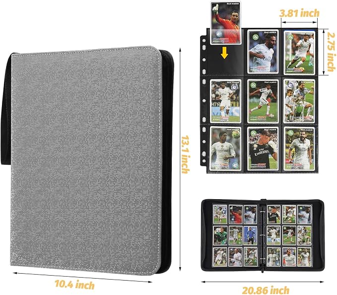 GERMUN 3 Ring 9 Pocket Zipper Card Binder, 720 Double Sided Standard PU Trading Card Album Folder for TCG & Sports Cards, Not Fit Top Loaders(Grey2)