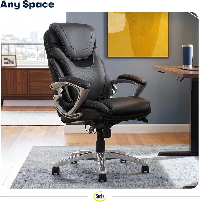 Serta Bryce Executive Office Chair - Ergonomic Computer DeskChair with Lumbar Technology - Adjustable Height - Memory Foam Body Pillows - 360° Swivel Rolling Base - Bonded Leather - Black