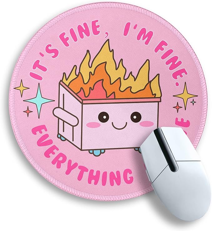 Pink Round Mouse Pad for Desk, Cute Office Decor for Women, Dumpster on Fire Small Mousepad，Stitched Edge Non-Slip Rubber Base, Personalized Computer Mouse Pads for Wireless Mouse，Desk Accessories
