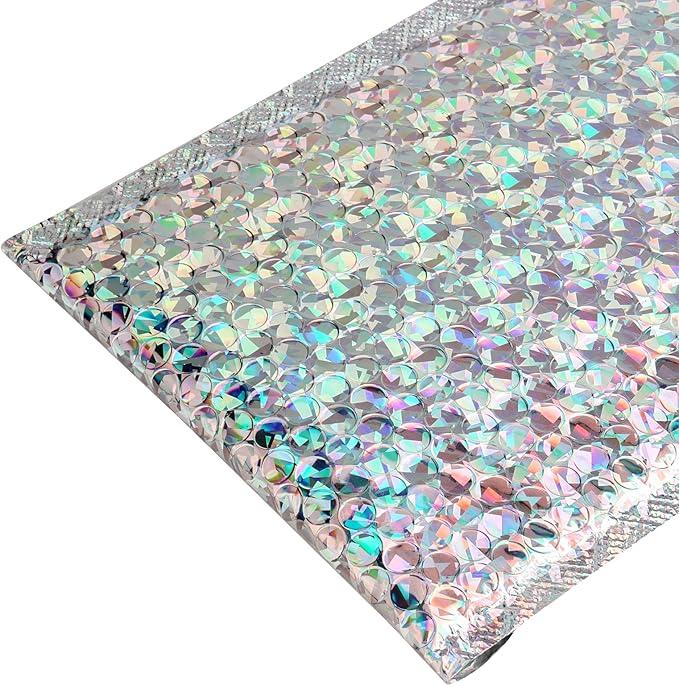 SINJEUN 50 Pieces 6 x 10 Inch Holographic Bubble Mailers, Silver Metallic Padded Bubble Mailers, Glamour Self Sealing Cushion Envelopes for Mailing, Shipping and Packing