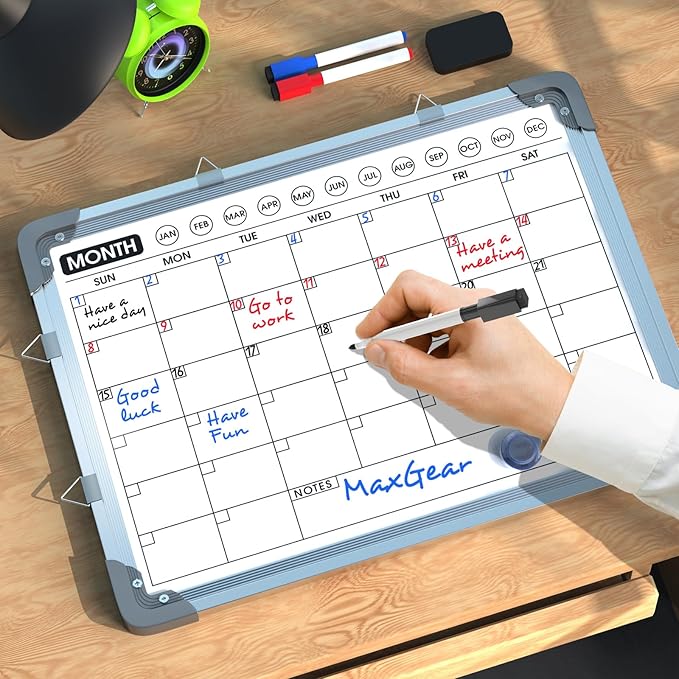 MaxGear Monthly Calendar Dry Erase Board for Wall, 16" x 12" Magnetic Calendar White Board, Small Double-Sided Whiteboard, Hanging Portable for Planning, Drawing, Memo, School, Home, Office