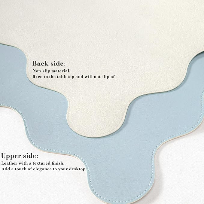 iCasso Blue Scalloped Mouse Mat, 35.4"x15.7" Computer Mat for Office | Adorable Non-Slip Base Scalloped Mousepad for Home, Floral Desk Pad Stitched Edges for Study Office Computer Setup