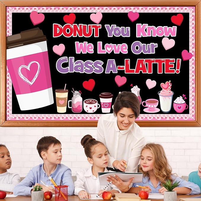 Valentine's Day Latte Bulletin Board Set Coffee Theme Classroom Decoration Valentines Coffee Cup Heart Motivational Paper Cutouts for School Classroom Party Chalkboard Wall Decor Teacher Supplies