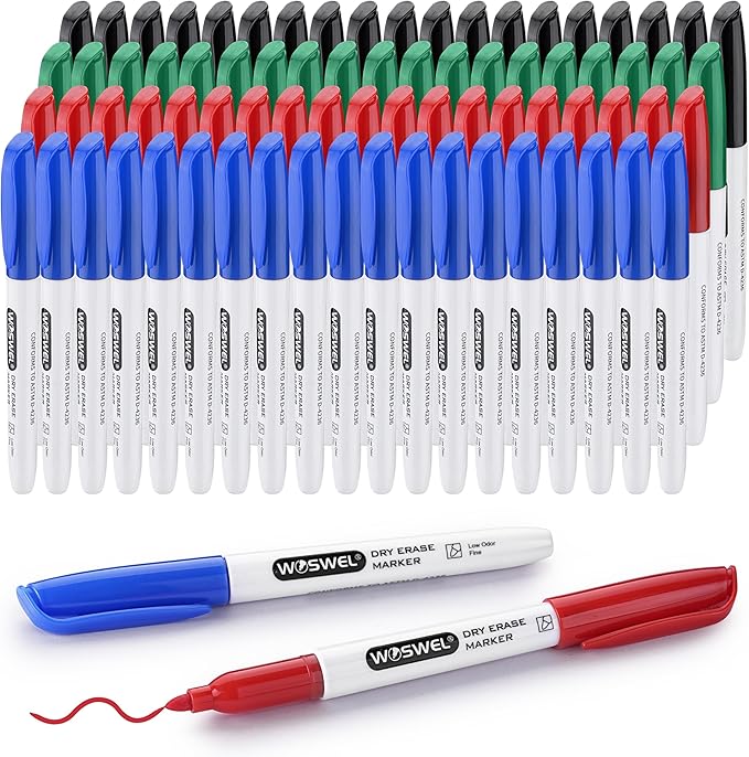 Fine Tip Dry Erase Markers Bulk, 76 Pack 4 Assorted Colors(Black,Blue,Green,Red) Low Odor Whiteboard Erasable Markers for Classroom School Office Home, Non-Toxic Easy Clean