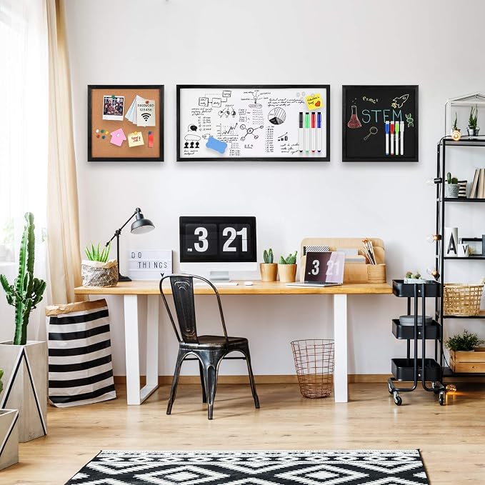 3 in 1 Combination Board 3 Pack, Natural Black Wood Frame, 12"x12", 24"x12" | Freely Mountable Set Includes Dry Erase Whiteboard, Chalkboard & Cork Bulletin Board for Home & Office