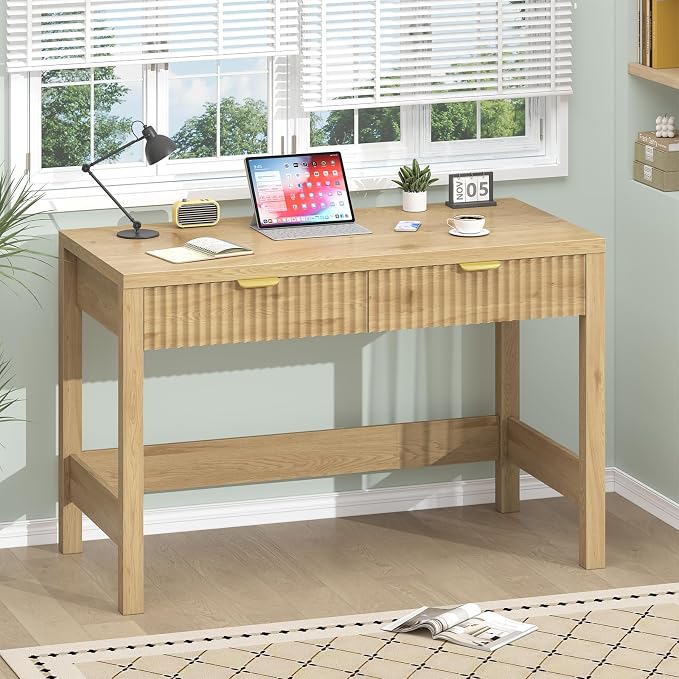 39 Inch Small Fluted Computer Desk with 2 Drawers for Bedroom, Home Office | Small Computer Desk with Storage, Compact Writing Study Desk for Small Spaces, Oak