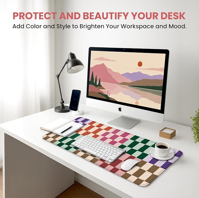Aesthetic Desk Mat, Cute Checkered Pattern Desk Pad Protector for Work & Decor, 35.4" x 15.7", Pretty Non-Slip Extended Mouse Pad for Office or Home
