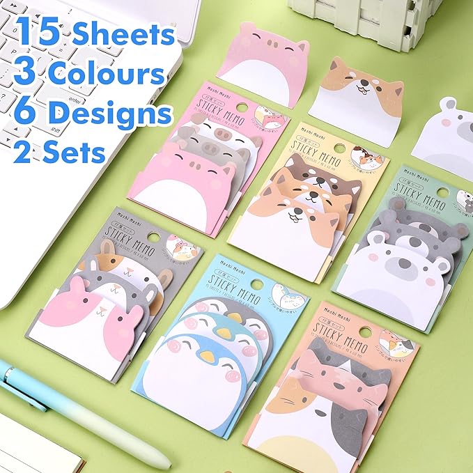 Cute Sticky Notes, 12 Pack 540 Sheets Kawaii Cartoon Animal Sticky Notes, Mini Cartoon Notes Animals Shape Markers Flags Self-Stick Memo Pads for School Home Office